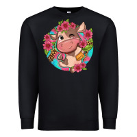 Black cute cow pink flowers and leopard pattern Premium Sweatshirt - NancyCooperArtShop