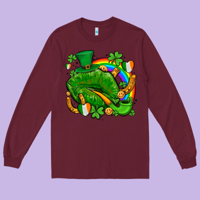 St Patricks Lips With Horseshoe Rainbow And Shamrocks Long Sleeve Tee Designed By Adodesignshop