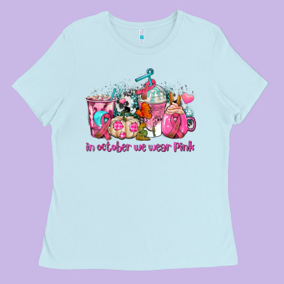 Western Cancer  In October We Wear Pink Coffee Cups With Ribbons Ladies Tee Designed By Adodesignshop