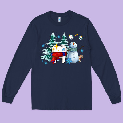 Dental Christmas Teeth And Winter With Snowman Long Sleeve Tee Designed By Adodesignshop