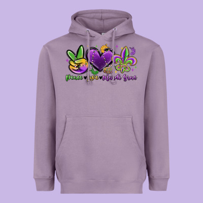 Peace Love Mardi Gras Heavyweight Hoodie Designed By Maliassmallbusiness