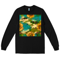 Black camouflage turquoise glitter sunflowers seamless pattern Long Sleeve Tee - BundleAndBundleShop