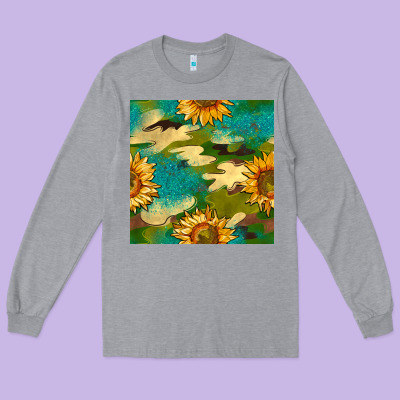 Camouflage Turquoise Glitter Sunflowers Seamless Pattern Long Sleeve Tee Designed By Bundleandbundleshop