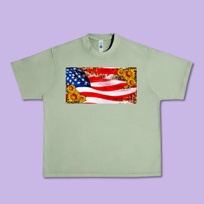 Usa Flag And Sunflower License Plate Urban Heavy Tee Designed By Hra Design Shop