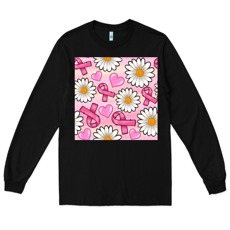 Breast Cancer Awareness With Daisy And Heart Seamless Pattern Long Sleeve Tee by BundleAndBundleShop | Teevron