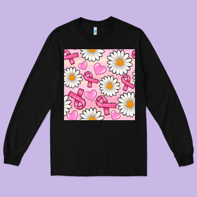 Breast Cancer Awareness With Daisy And Heart Seamless Pattern Long Sleeve Tee Designed By Bundleandbundleshop