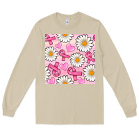 Mushroom breast cancer awareness with daisy and heart seamless pattern Long Sleeve Tee - BundleAndBundleShop