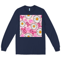 Navy breast cancer awareness with daisy and heart seamless pattern Long Sleeve Tee - BundleAndBundleShop