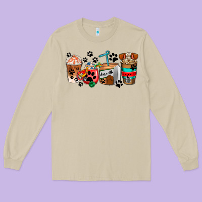 Dogs Coffee Cups Long Sleeve Tee Designed By Adodesignshop