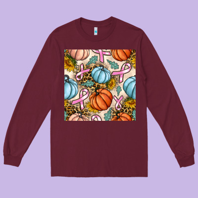 Breast Cancer Awareness With Pumpkin And Leopard Seamless Pattern Long Sleeve Tee Designed By Bundleandbundleshop