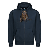 Navy Sea Lion Illustrations Zipper Hoodie - LillyAllenDesigns