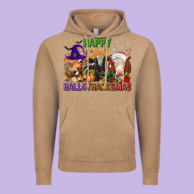 Happy Hallothanksmas With Cow Vintage Hoodie Designed By Texasbilliewilder