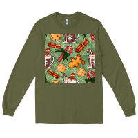 Army Green christmas hot chocolate and cookies seamless pattern Long Sleeve Tee - BundleAndBundleShop