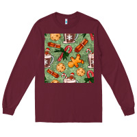 Burgundy christmas hot chocolate and cookies seamless pattern Long Sleeve Tee - BundleAndBundleShop