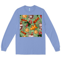 Colony Blue christmas hot chocolate and cookies seamless pattern Long Sleeve Tee - BundleAndBundleShop