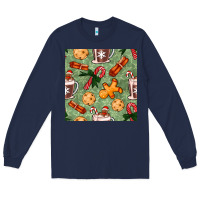 Navy christmas hot chocolate and cookies seamless pattern Long Sleeve Tee - BundleAndBundleShop