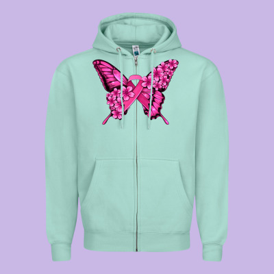 Pink Ribbon Breast Cancer Butterfly Zipper Hoodie Designed By Jasminsmagicworld