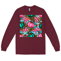 Burgundy breast cancer awareness with pumpkins seamless pattern Long Sleeve Tee - BundleAndBundleShop