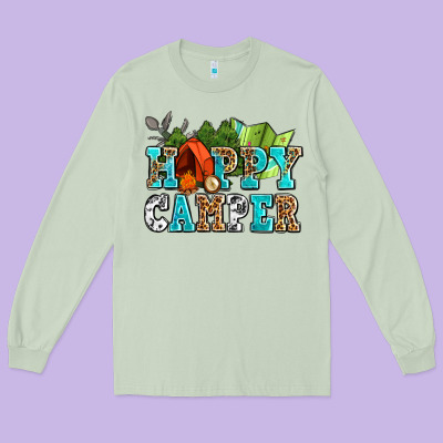 Happy Camper With Trees And Map Long Sleeve Tee Designed By Adodesignshop