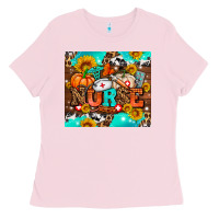 Bubblegum Pink pumpkin nurse with sunflower Ladies Tee - AdoDesignShop