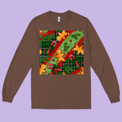 Christmas Gingerbread Man And Candy Cane Seamless Pattern Long Sleeve Tee Designed By Bundleandbundleshop