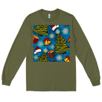 Army Green christmas trees and bells seamless pattern Long Sleeve Tee - BundleAndBundleShop