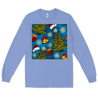Colony Blue christmas trees and bells seamless pattern Long Sleeve Tee - BundleAndBundleShop