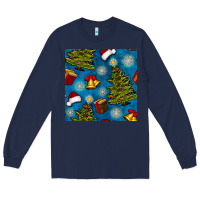 Navy christmas trees and bells seamless pattern Long Sleeve Tee - BundleAndBundleShop