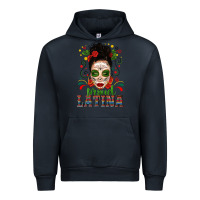Navy Proud Latina Skull Girl Messy Bun Urban Hoodie - texasbilliewilder