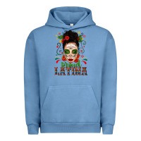 Pigment Pebble Blue Proud Latina Skull Girl Messy Bun Urban Hoodie - texasbilliewilder