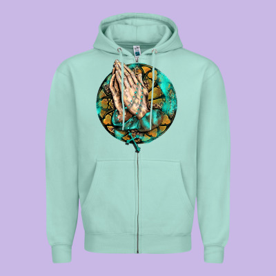 Western Praying Hands Prayer Rosary  Faith Cross Zipper Hoodie Designed By Barkaloodesign