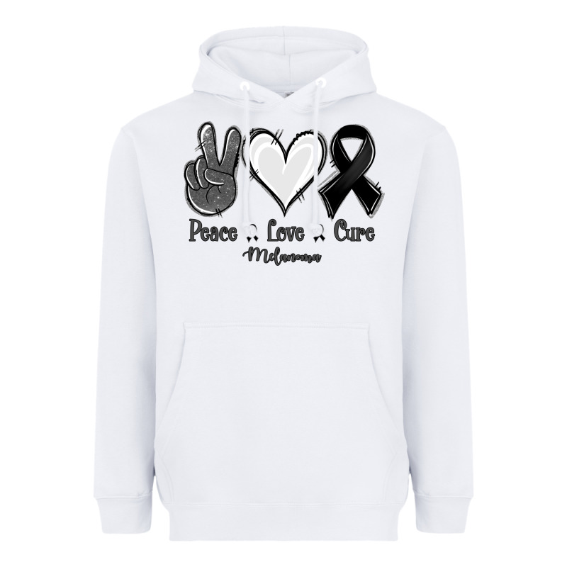 Peace Love Cure Melanoma Cancer Heavyweight Hoodie by NancyCooperArtShop | Teevron