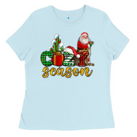 Baby Blue cozy season with santa christmas tree cactus and gift Ladies Tee - AdoDesignShop