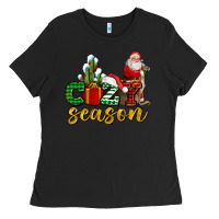 Black cozy season with santa christmas tree cactus and gift Ladies Tee - AdoDesignShop