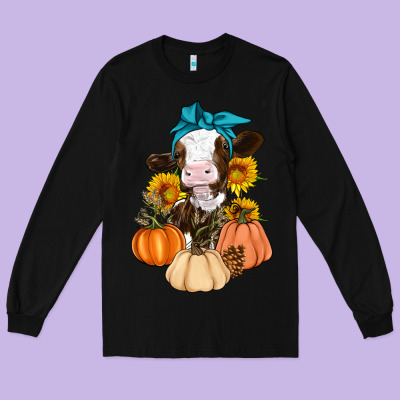 Cow Fall Pumpkin Long Sleeve Tee Designed By Artiststas