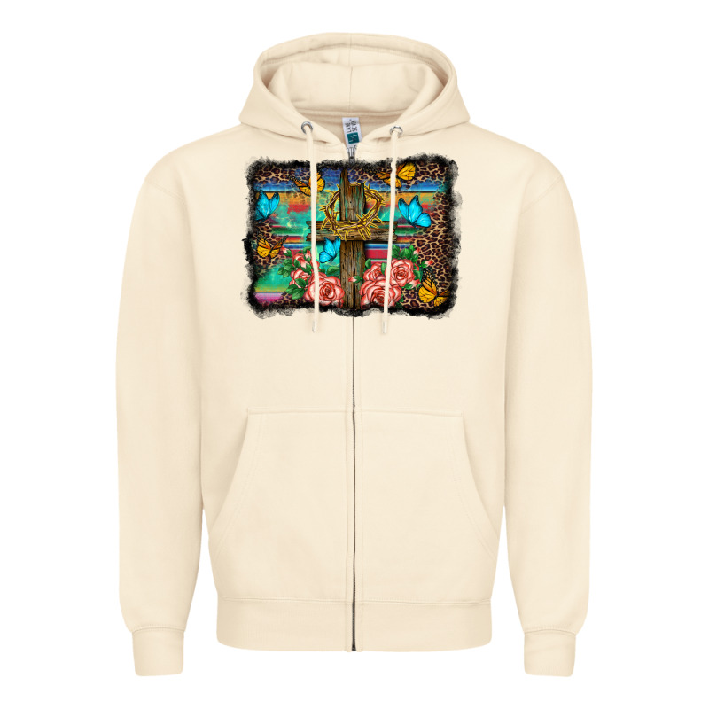 Wooden Cross Background Zipper Hoodie by BarkalooDesign | Teevron