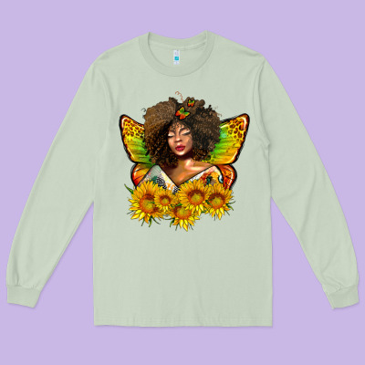 Butterfly Afro Woman Juneteenth Long Sleeve Tee Designed By Adodesignshop