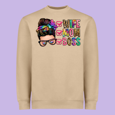 Wife Mom Boss Messy Bun Heavyweight Sweatshirt Designed By Zillion Design Studio