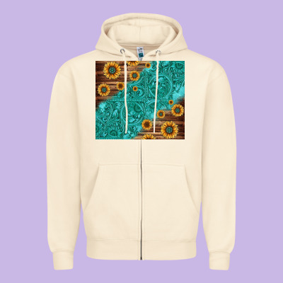 Tooled Leather And Sunflowers Zipper Hoodie Designed By Jasminsmagicworld
