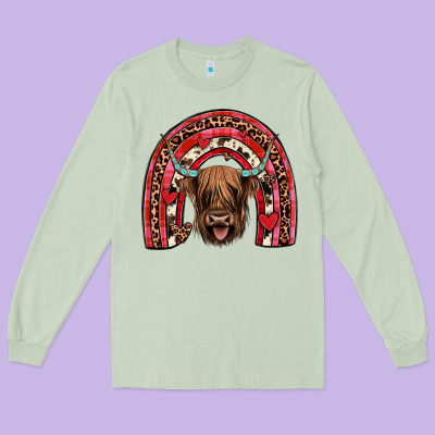 Valentines Highland Cow Rainbow Long Sleeve Tee Designed By Jahusdesignshop