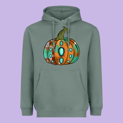 Western Cowhide Turquoise Pumpkin Heavyweight Hoodie Designed By Nancycooperartshop
