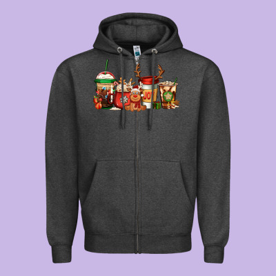 Reindeer Christmas Coffee Cups Zipper Hoodie Designed By Jasminsmagicworld