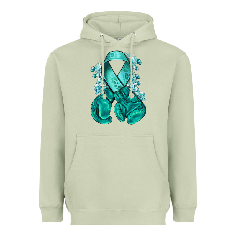 Ovarian Cancer Teal Ribbon With Boxing Gloves Heavyweight Hoodie by NancyCooperArtShop | Teevron