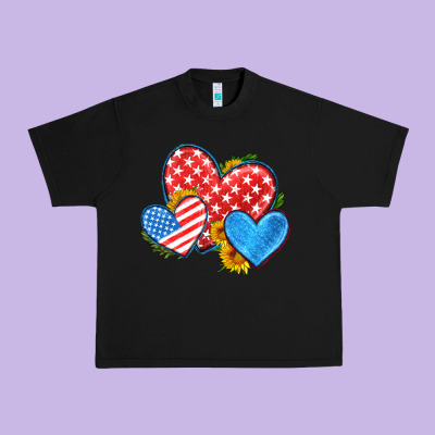 Usa Flag Hearts With Sunflower Urban Heavy Tee Designed By Hra Design Shop
