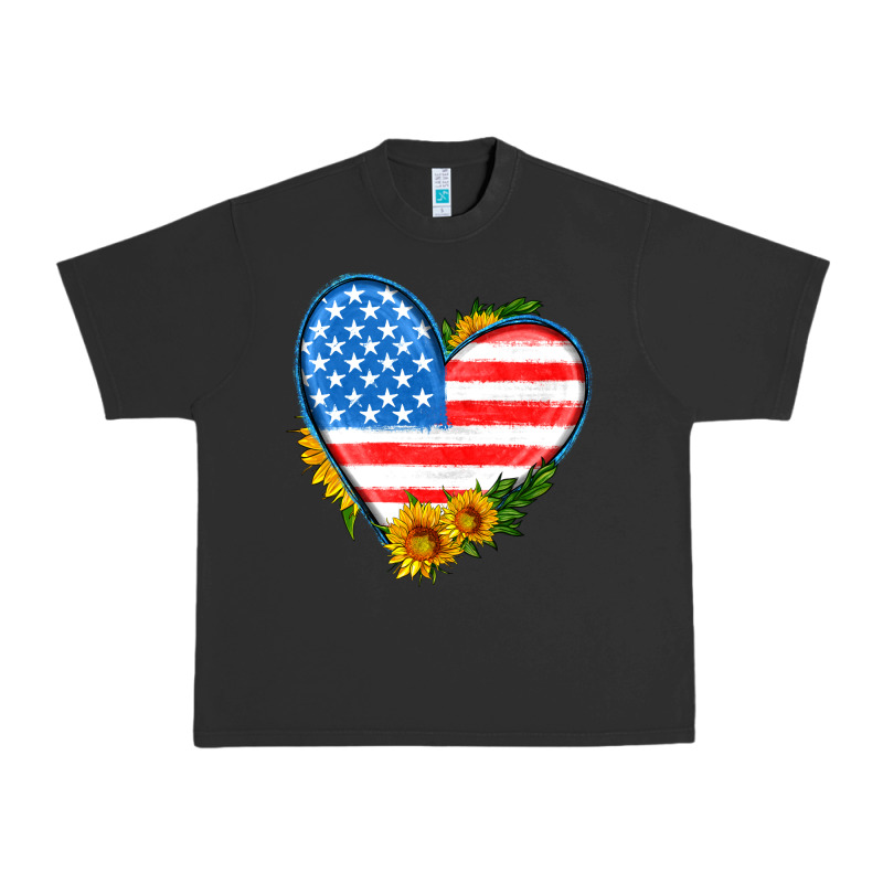 Usa Flag Heart With Sunflower Urban Heavy Tee by HRA Design Shop | Teevron