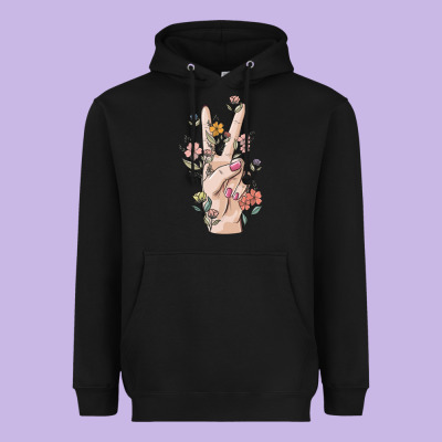 Hand Peace Sign Heavyweight Hoodie Designed By Maliassmallbusiness