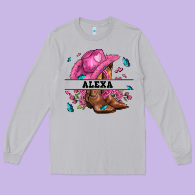 Pink Costom Name Cowgirl Hat And Roses Long Sleeve Tee Designed By Adodesignshop
