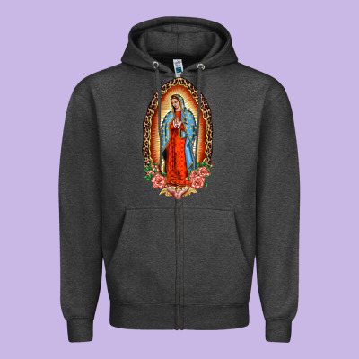 Our Lady Of Guadalupe Leopard And Roses Zipper Hoodie Designed By Barkaloodesign