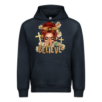 Navy Red Hair Believe Praying Caucasian Messy Bun Urban Hoodie - texasbilliewilder