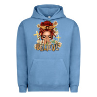 Pigment Pebble Blue Red Hair Believe Praying Caucasian Messy Bun Urban Hoodie - texasbilliewilder